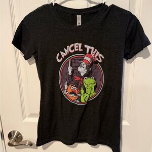 Cancel This Charcoal Graphic T-Shirt with Cartoon Characters Sz S
